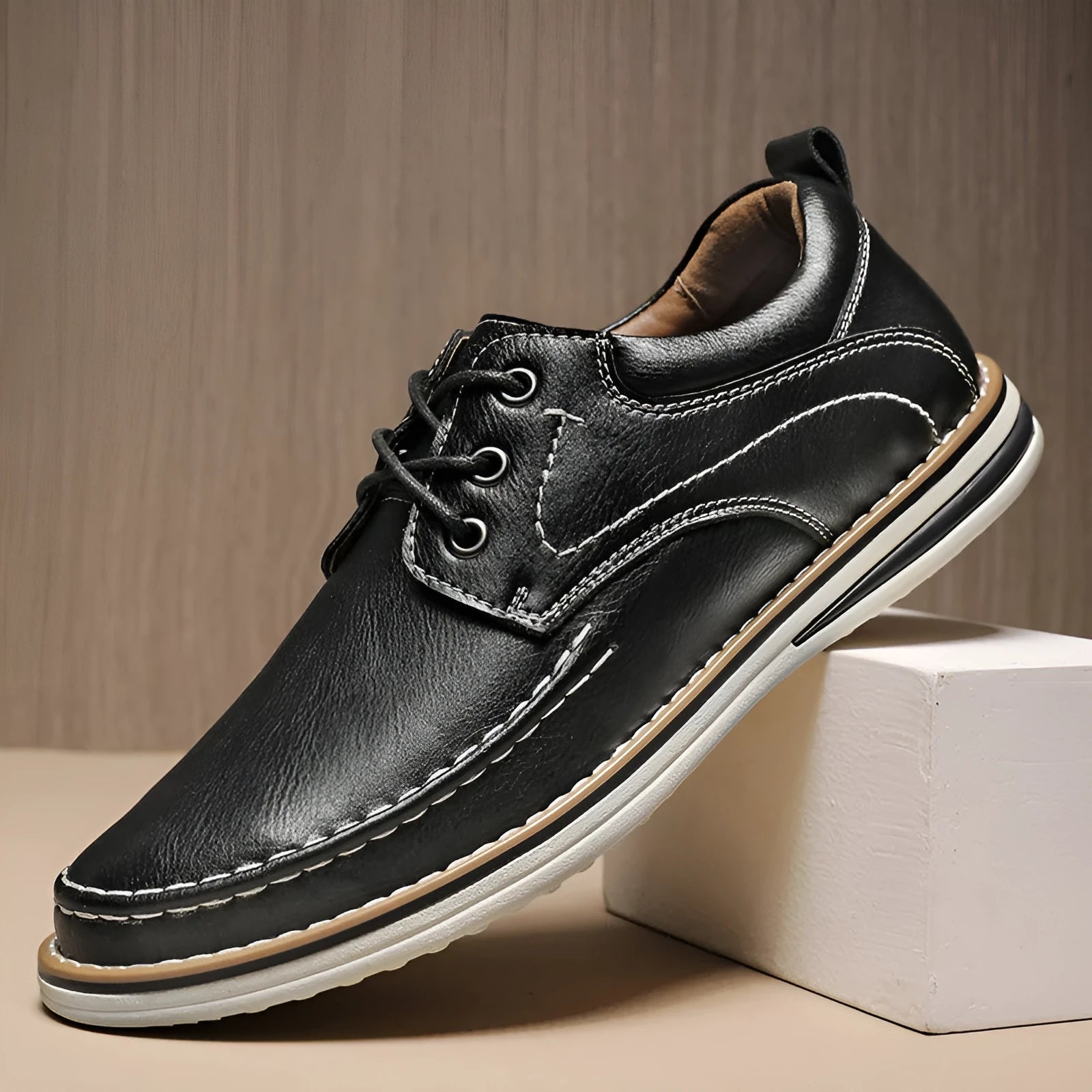 Men's black genuine leather lace-up casual shoes with round toe and stitched sole
