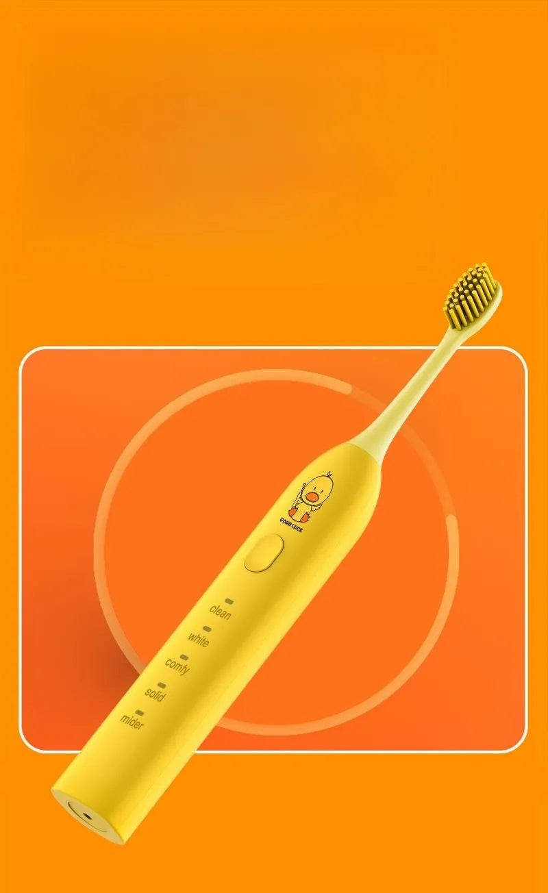 Yellow duck design USB rechargeable electric toothbrush with soft bristles and laser-engraved shell