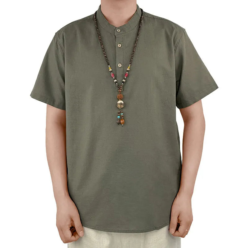 Men's solid colour short sleeve t-shirt in a cotton and linen blend, shown in optic linen.