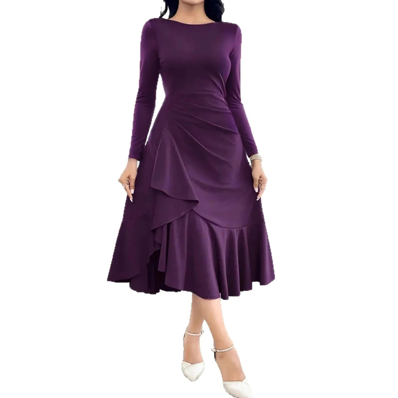 Purple women's long sleeve dress with ruffle detailing, round neck, and mid waist.