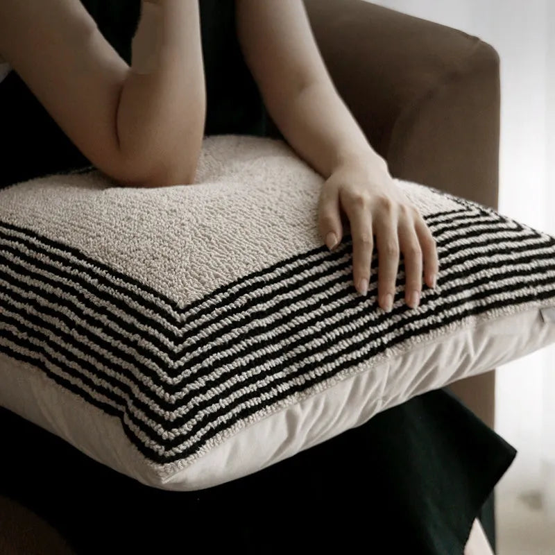 Black and white geometric towel embroidery cushion in 50x50cm square and 30x50cm waist pillow formats for sofa and living room.