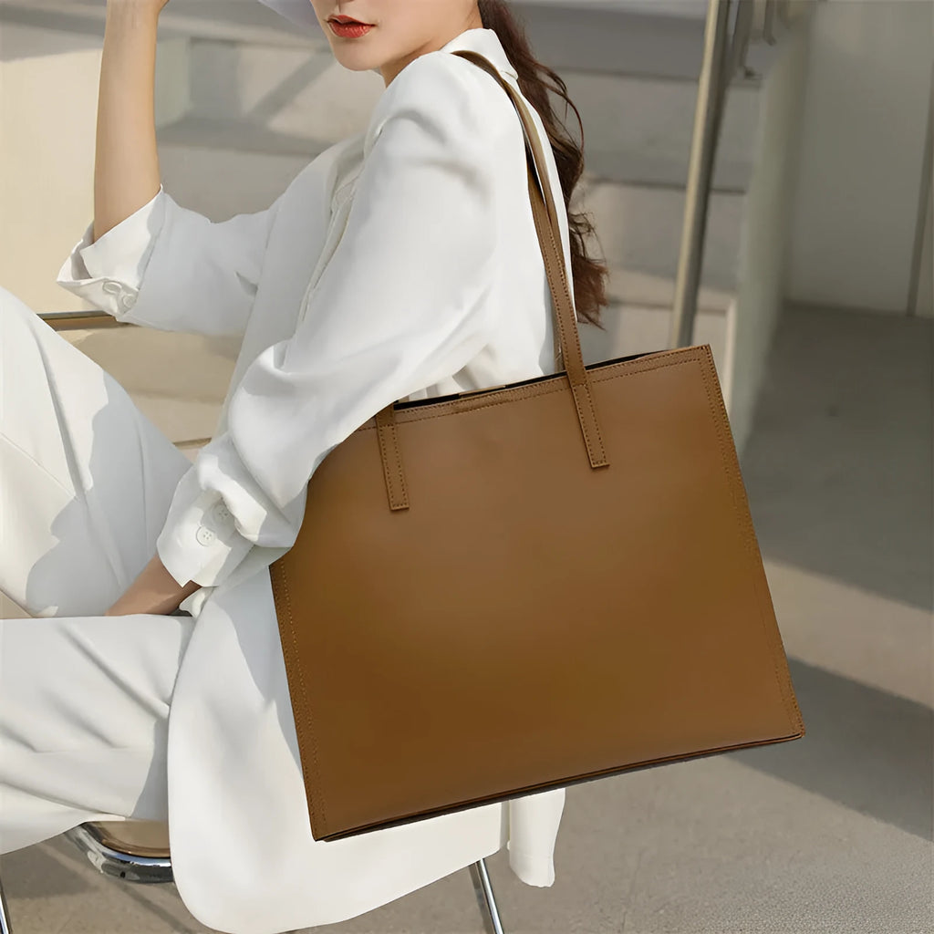 Brown genuine leather women's one-shoulder handbag with horizontal square shape
