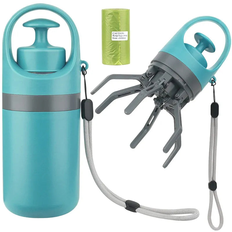 Blue portable dog pooper scooper with built-in bag dispenser and eight-claw shovel mechanism