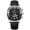 Men's business watch with steel band, calendar display, and black dial on light background