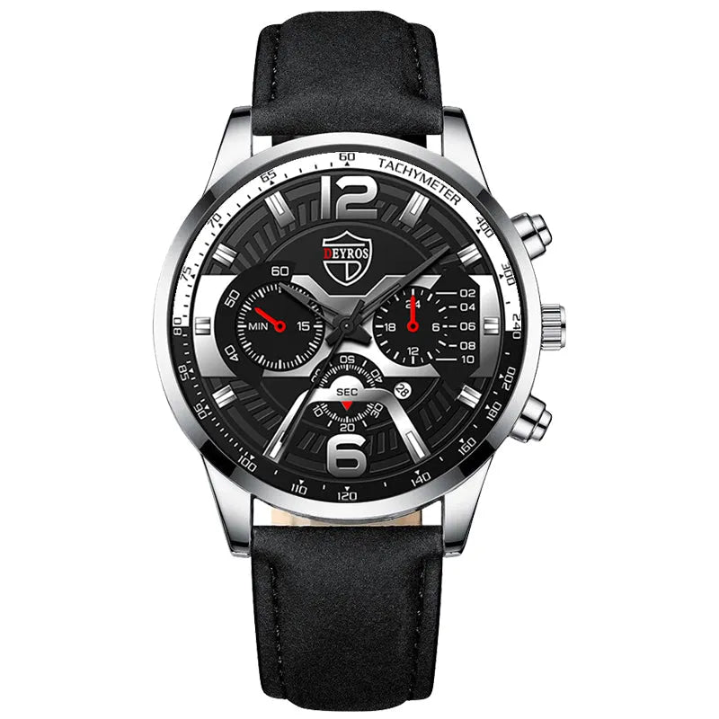 Men's business watch with steel band, calendar display, and black dial on light background