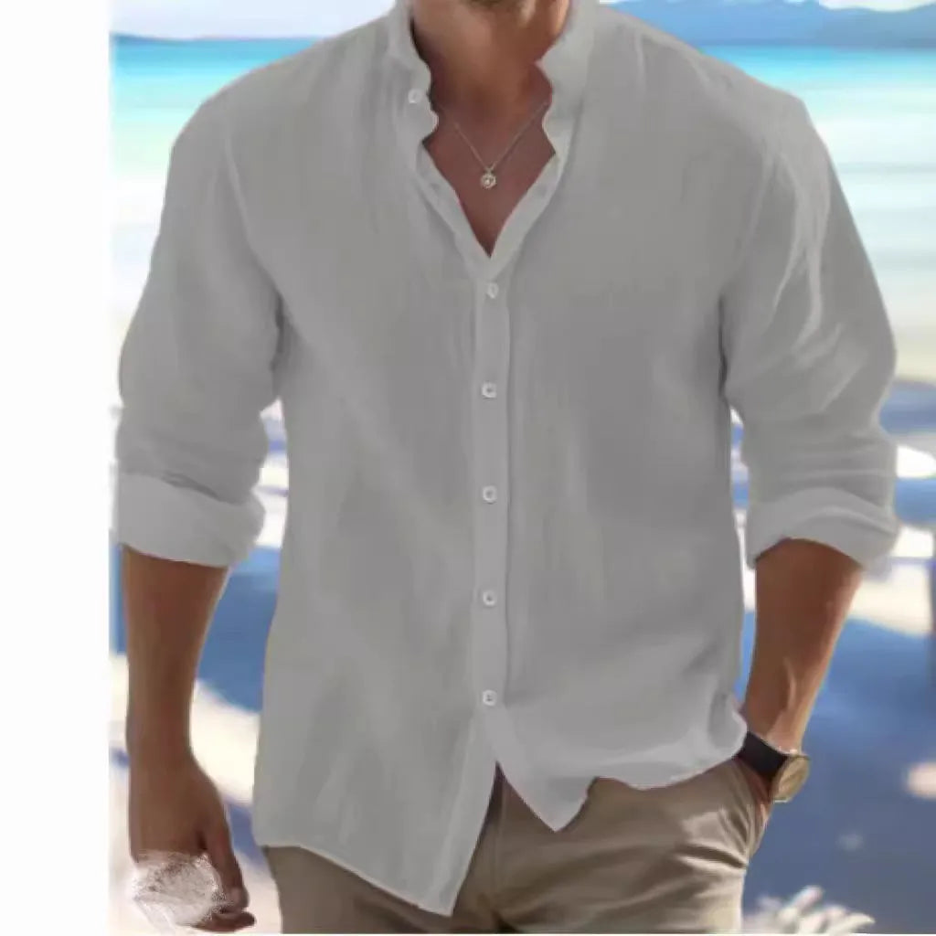 Men's long-staple cotton button beach shirt shown in light blue, sizes S to 5XL.
