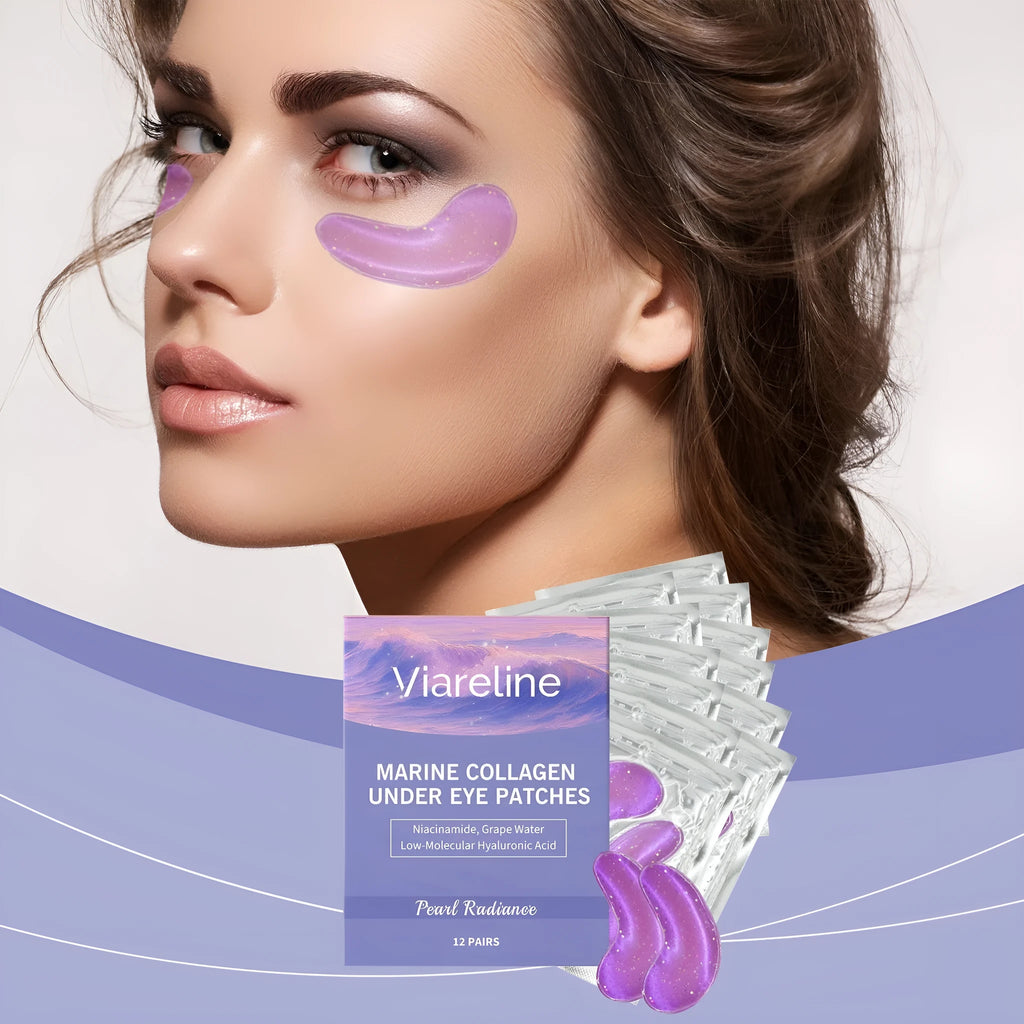 Collagen eye mask set showing 12 individually sealed hydrogel patches for eye area application
