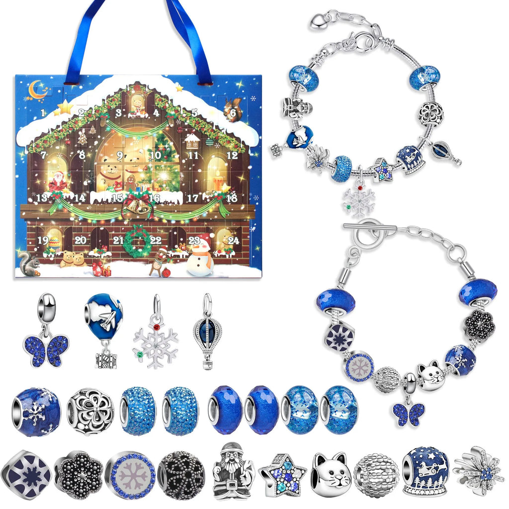 24-grid Christmas advent calendar in flip vertical blue with zinc alloy finish and bracelet blind box
