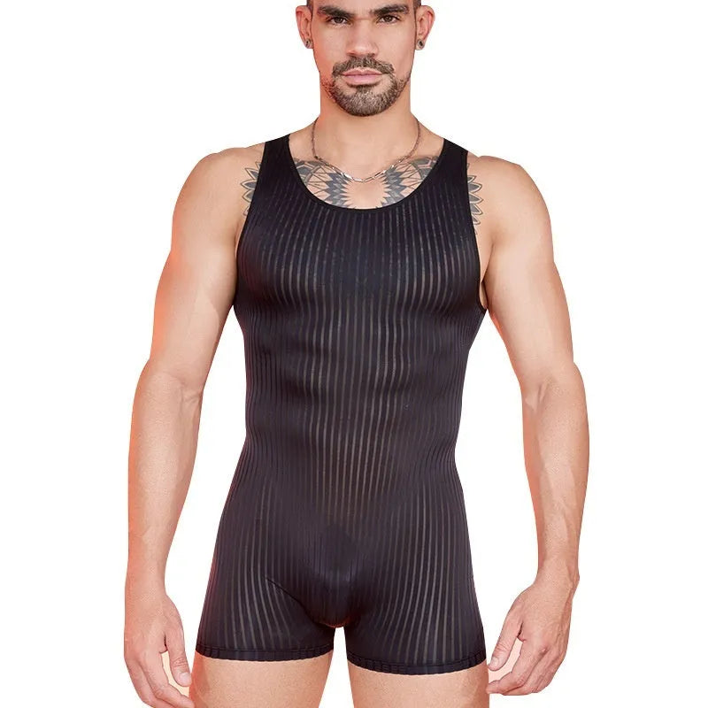 Men's striped nylon jumpsuit in black, white or dark grey with vertical pattern