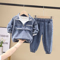 Boys wearing black denim two-piece suit set with long sleeves, Korean-style children's clothing