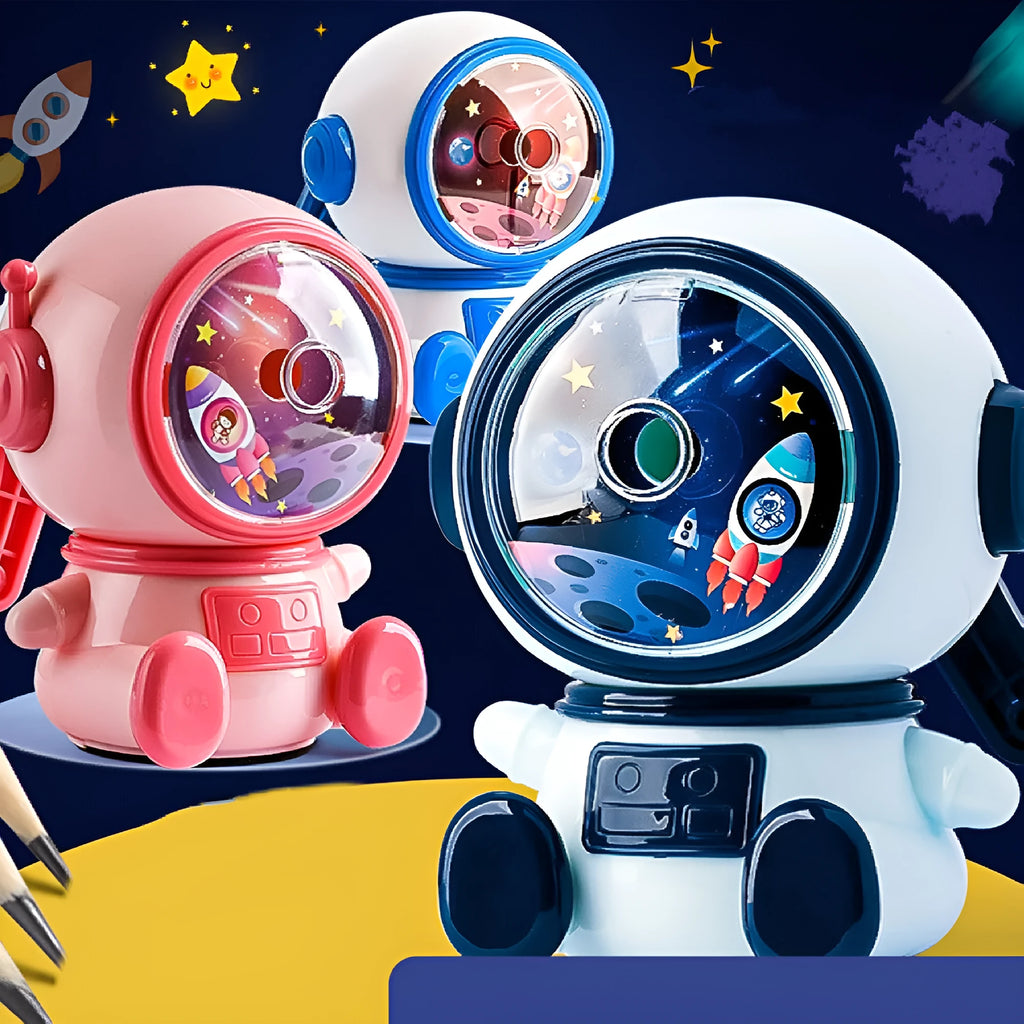 Blue astronaut cartoon manual pencil sharpener for children on a white background