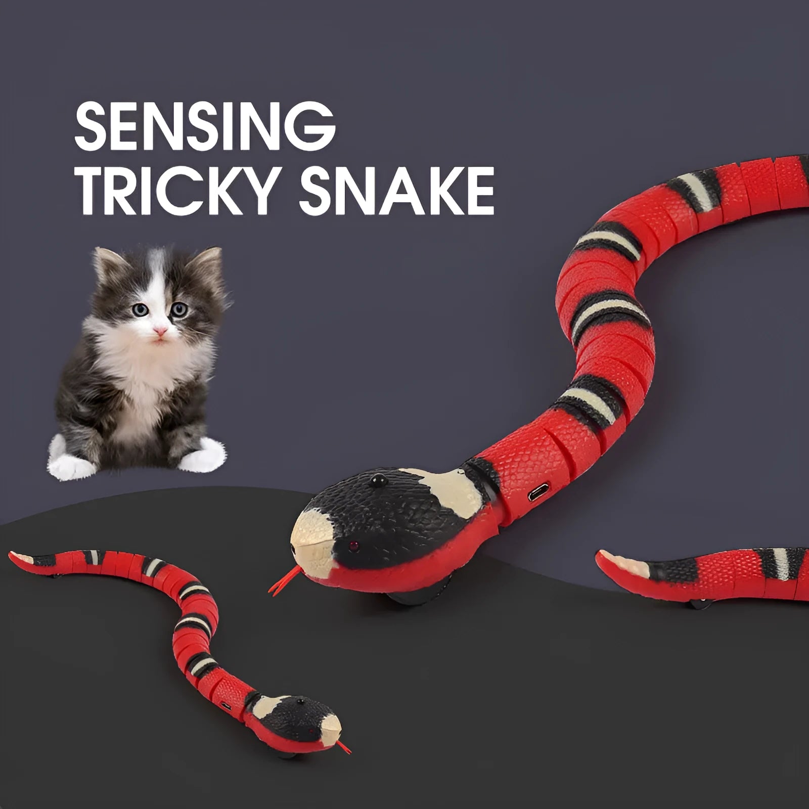 Smart sensing electronic snake cat toy with segmented plastic body and built-in catnip compartment