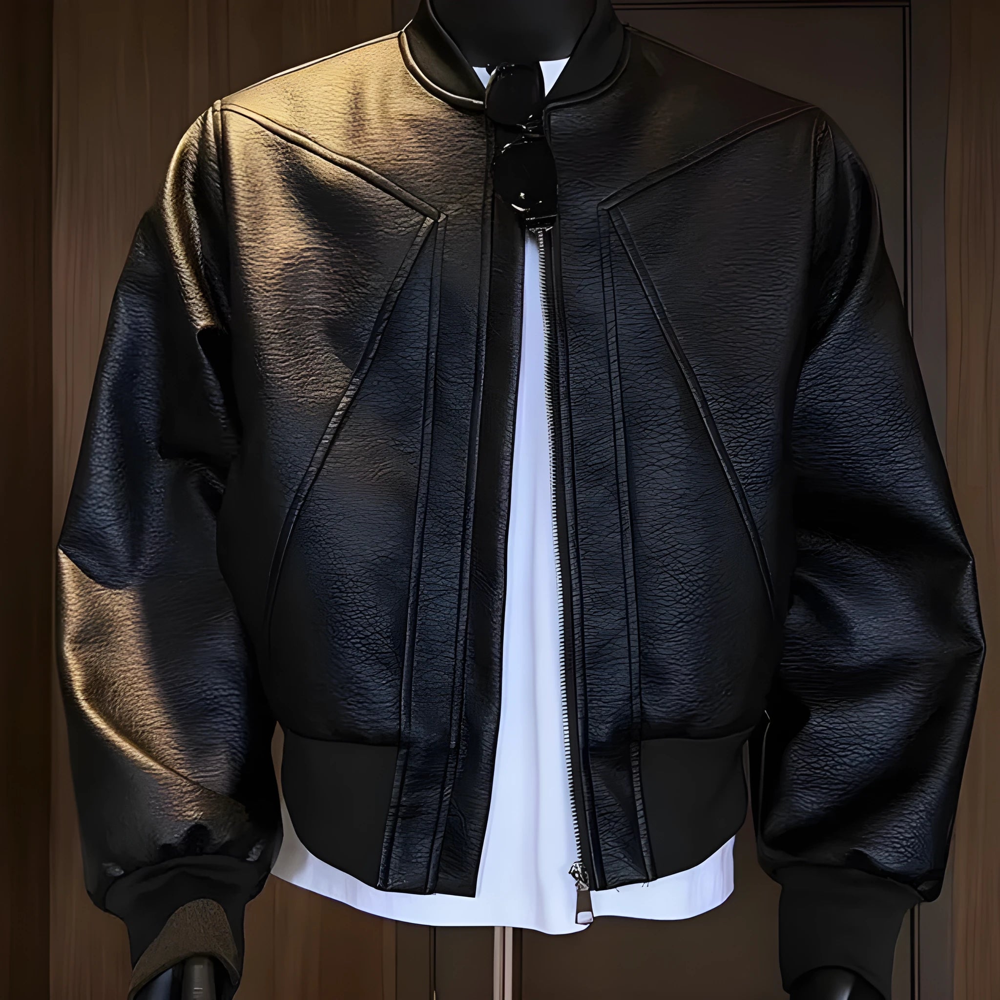 Men's extended length black PU leather jacket with litchi grain texture and light business style
