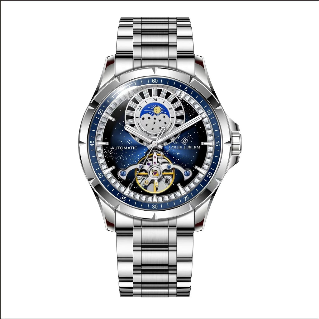Men's silver alloy automatic mechanical watch with blue dial and stainless steel strap on wrist.
