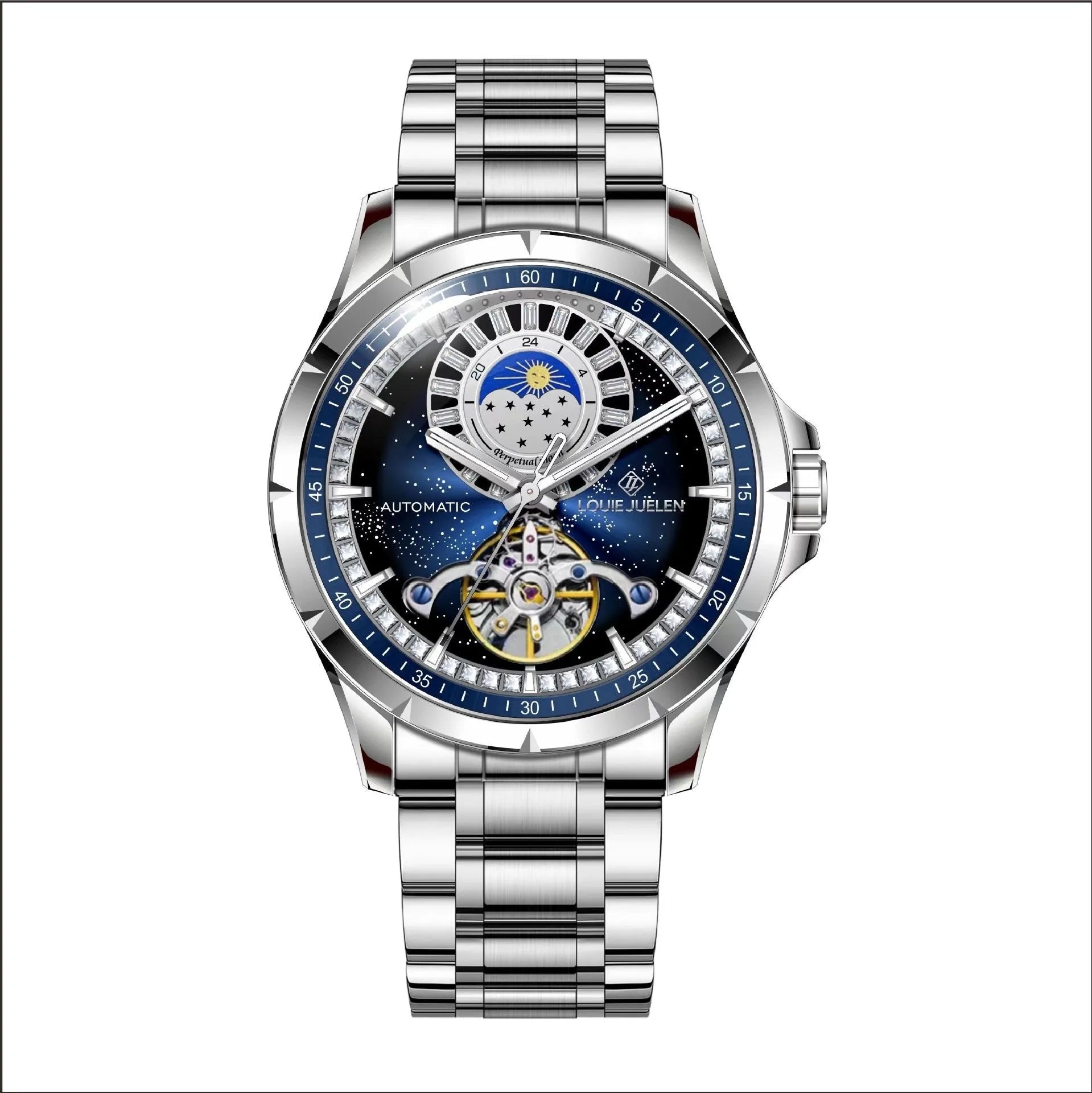 Men's silver alloy automatic mechanical watch with blue dial and stainless steel strap on wrist.