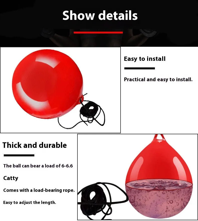 Red water-filled PVC boxing reaction ball with hook rope attachment for martial arts training