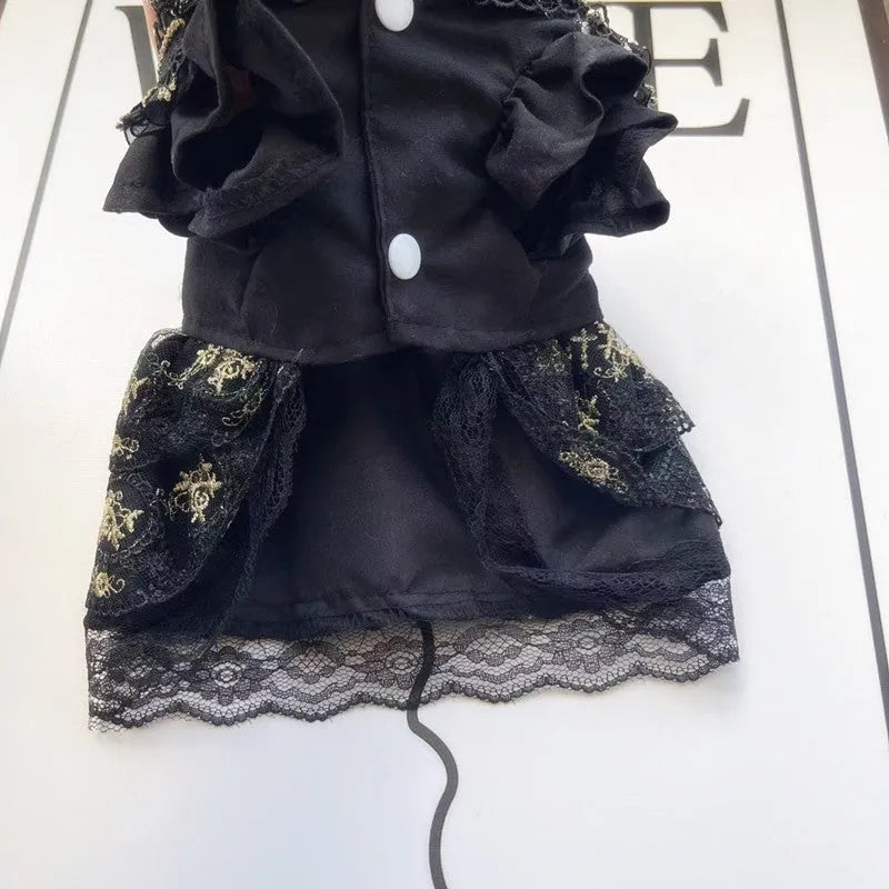 Golden gothic-style princess skirt for a small dog or cat on a mannequin.