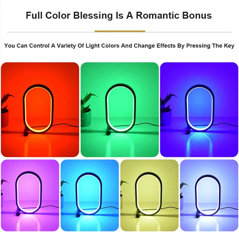 USB plug-in oval acrylic touch lamp with dimmable LED, metal body, on a bedside table