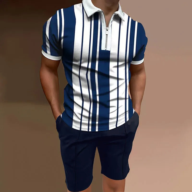 Men's casual printed short sleeve top and matching shorts set in a blue colour.