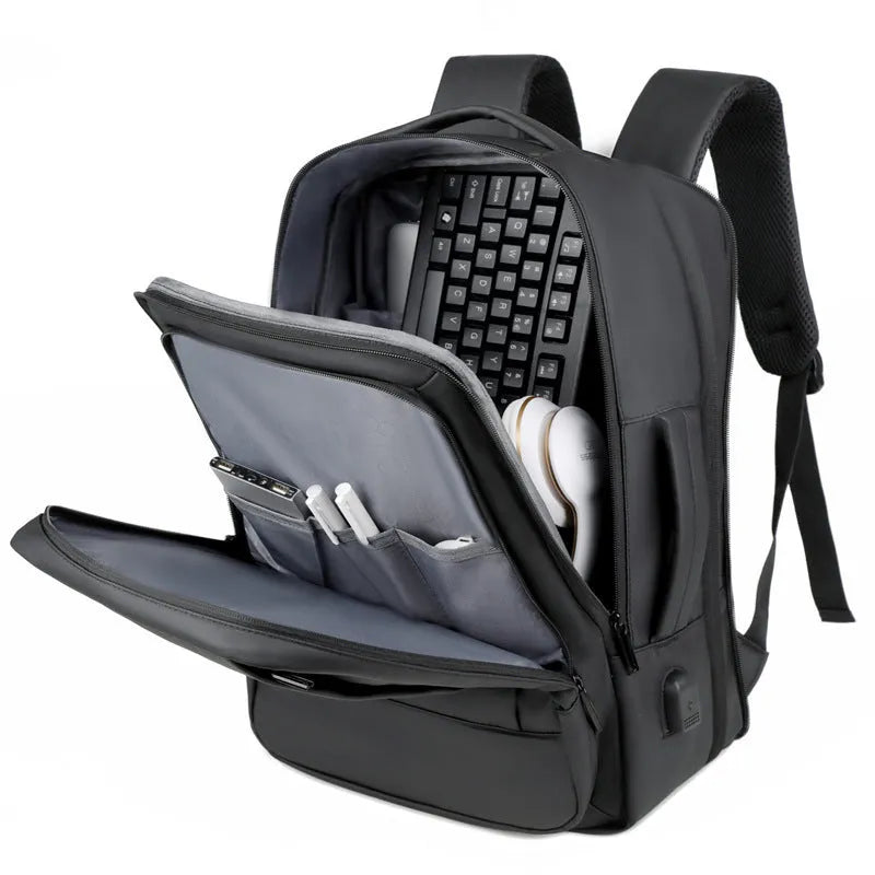 Men's large capacity waterproof backpack in black with curved shoulder straps and business styling