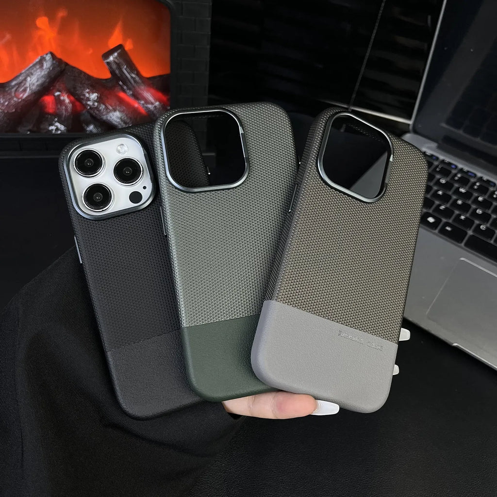Black iPhone case with dragon scale texture and stitching, showing magnetic all-inclusive shockproof design