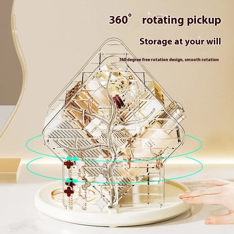 Clear and amber gold rotating cosmetics storage box on a surface