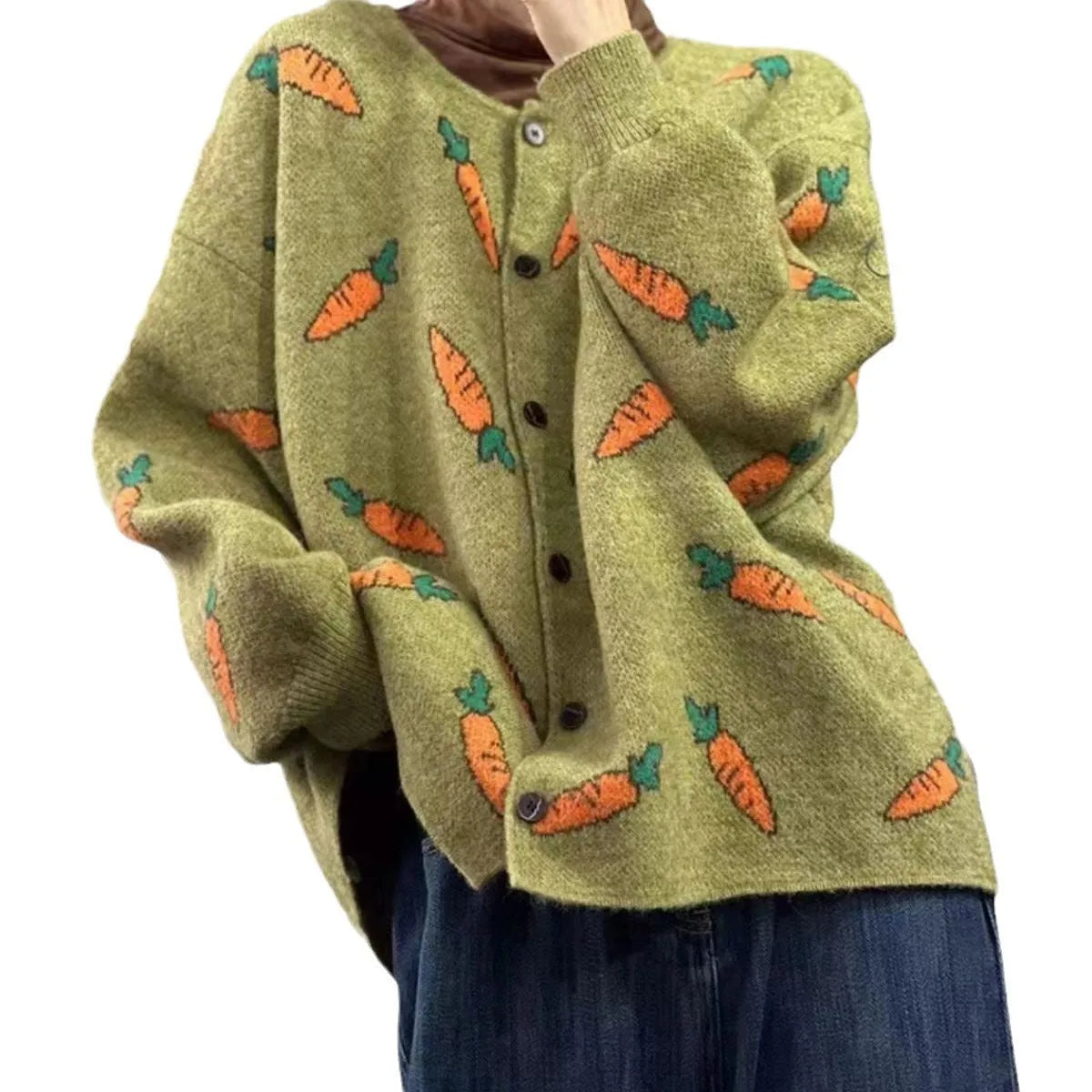 Women's loose fit Mori print cardigan sweater with round neck and regular sleeves