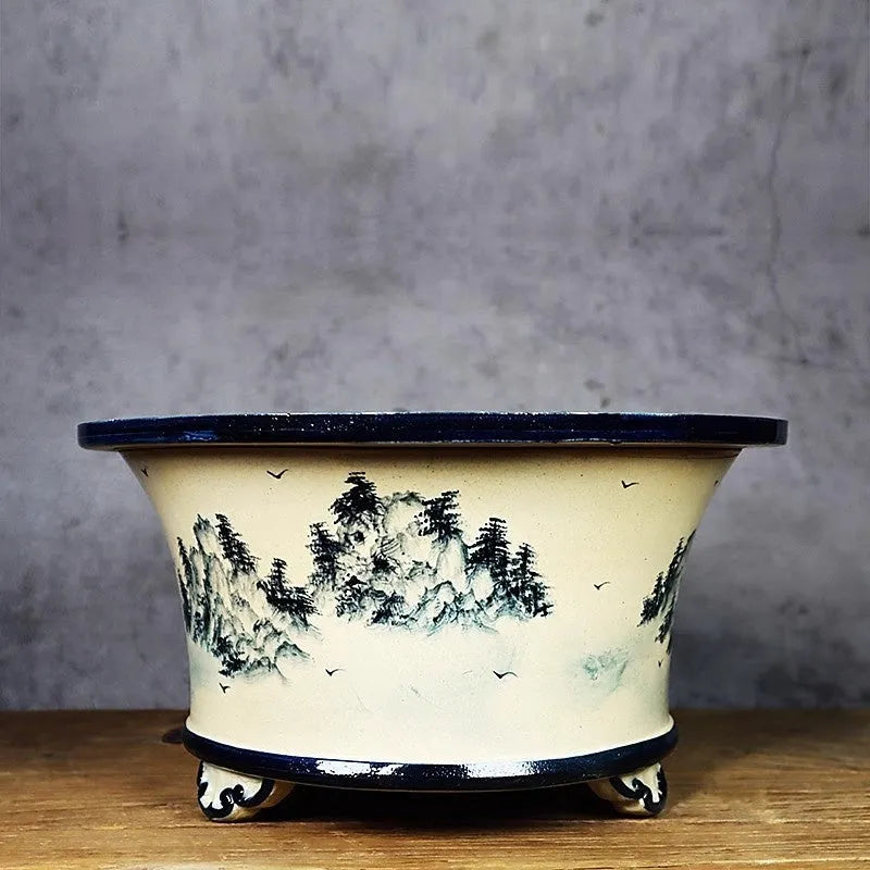 Lingnan Shiwan glazed ceramic flower pot with hand-painted high mountains landscape design, wide mouth, 21cm to 35cm