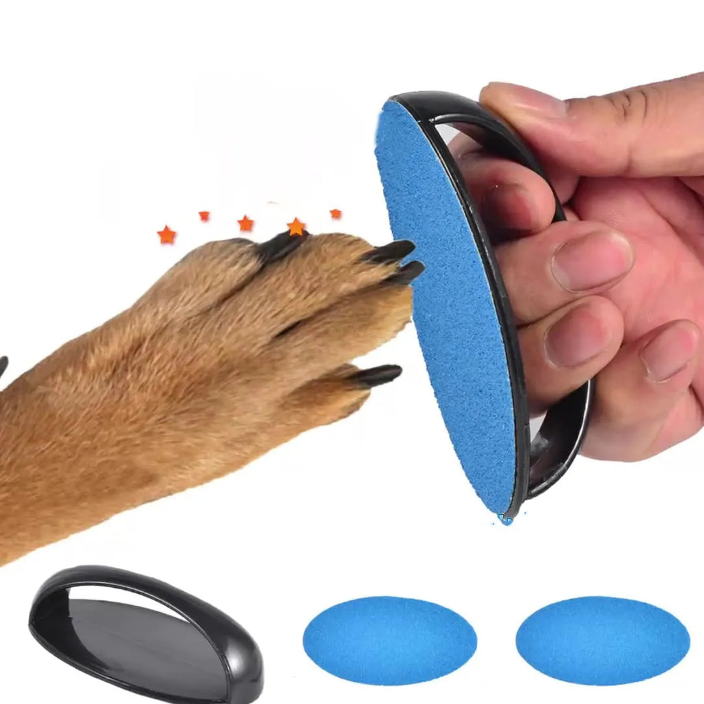 Round dog nail file scratch board with ergonomic handle in one of four colours.