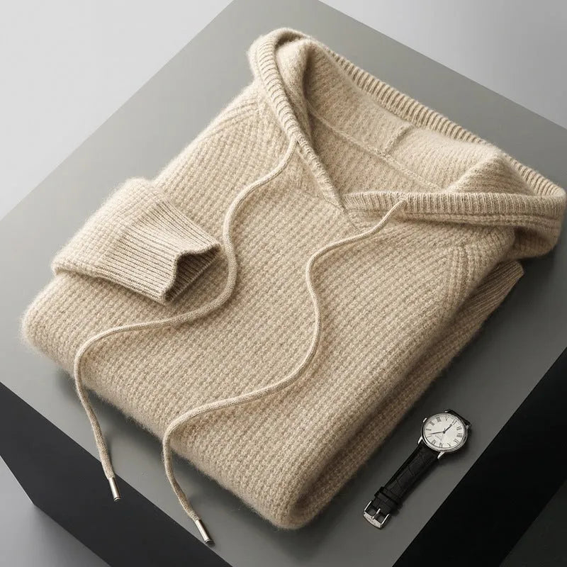 Hooded cashmere sweater in camel, grey-green, or navy blue, loose thickened winter pullover, sizes S to XXXL