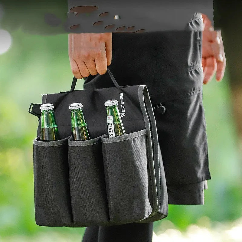 Black and blue orange double-sided bicycle drink storage bag made from 600D PVC with 2L capacity.