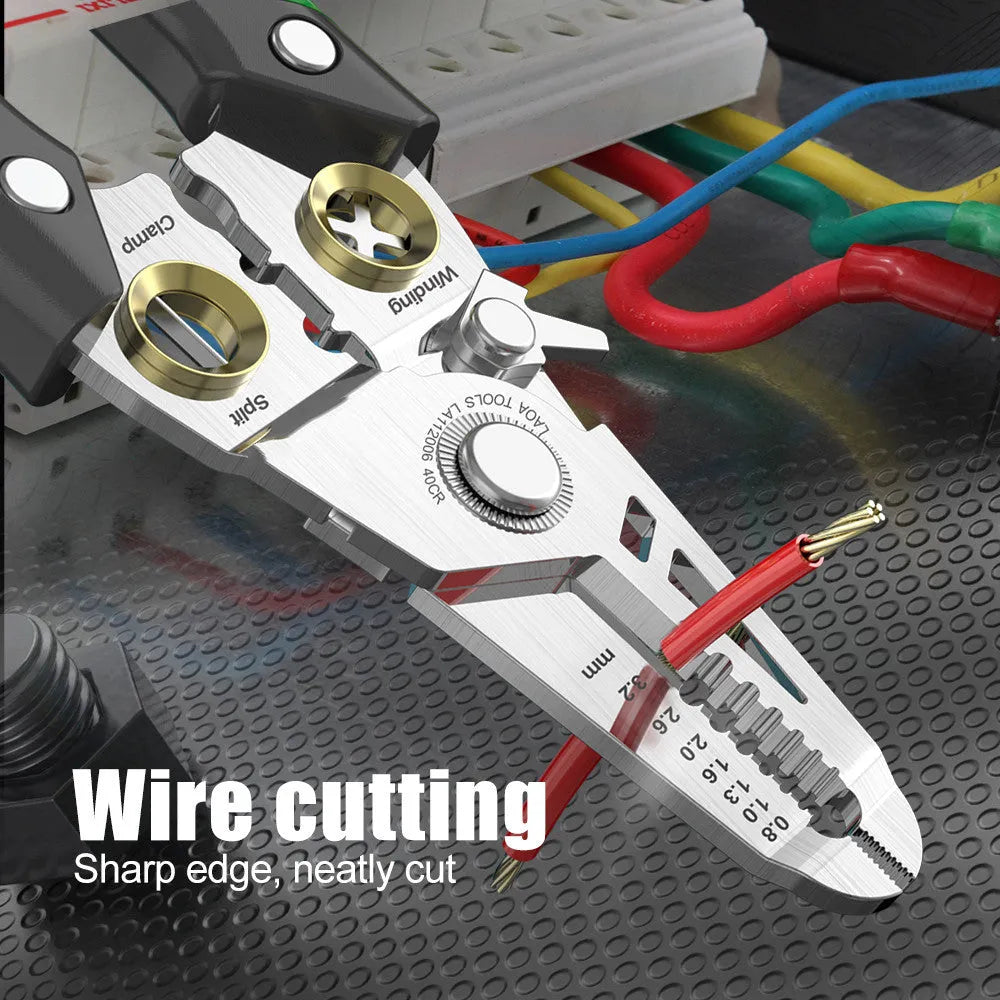 Stainless steel 7-in-1 wire stripper with two-colour handle and seven sized stripping ports.