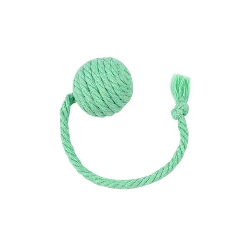 Cat toy ball with rope handle in green, pink, purple or yellow colours with internal bell
