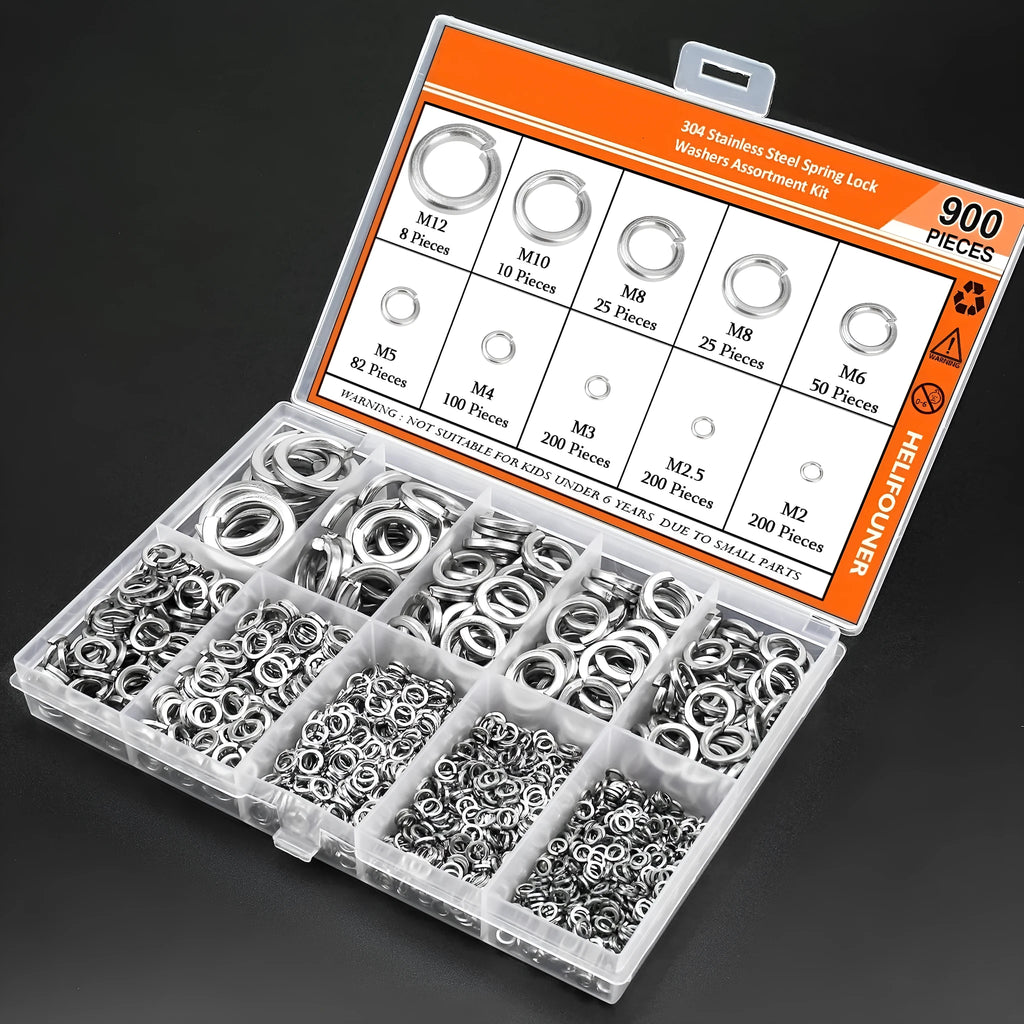 Open box showing assortment of 304 stainless steel spring lock washers with size markings from 2mm to 12mm.