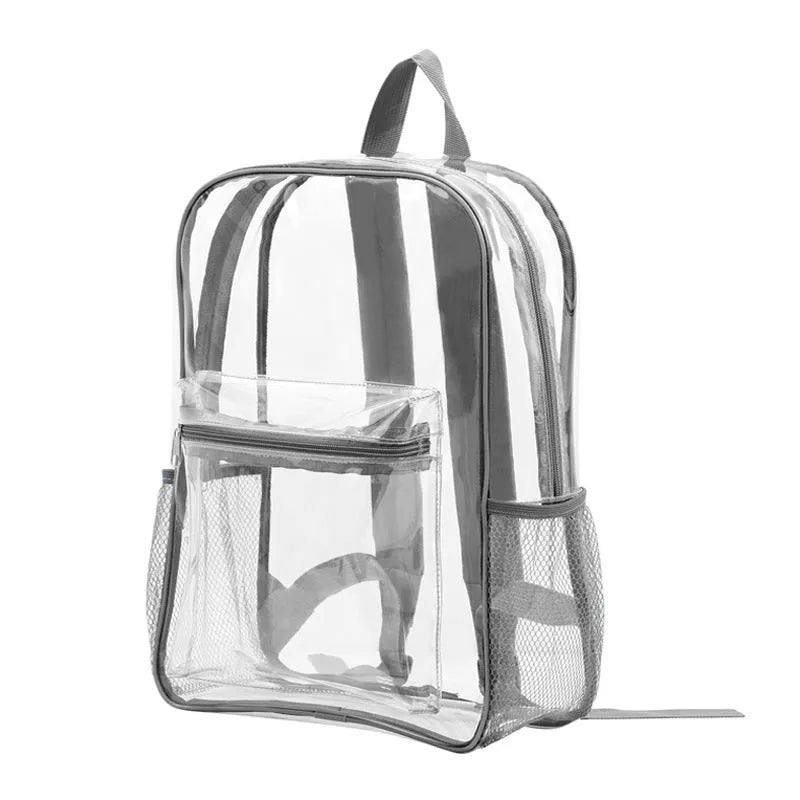 PVC transparent large outdoor travel backpack in blue, shown from the side.