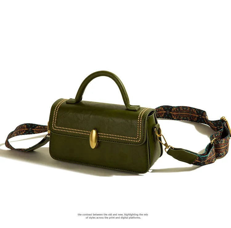Retro women's messenger bag in square vertical design with organised interior compartments