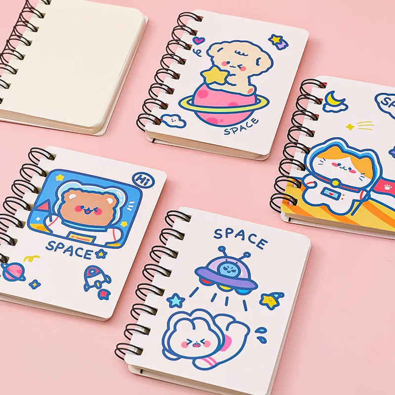 Astronaut series pocket flipper notebook in 10.5x8cm size with space-themed cover designs.