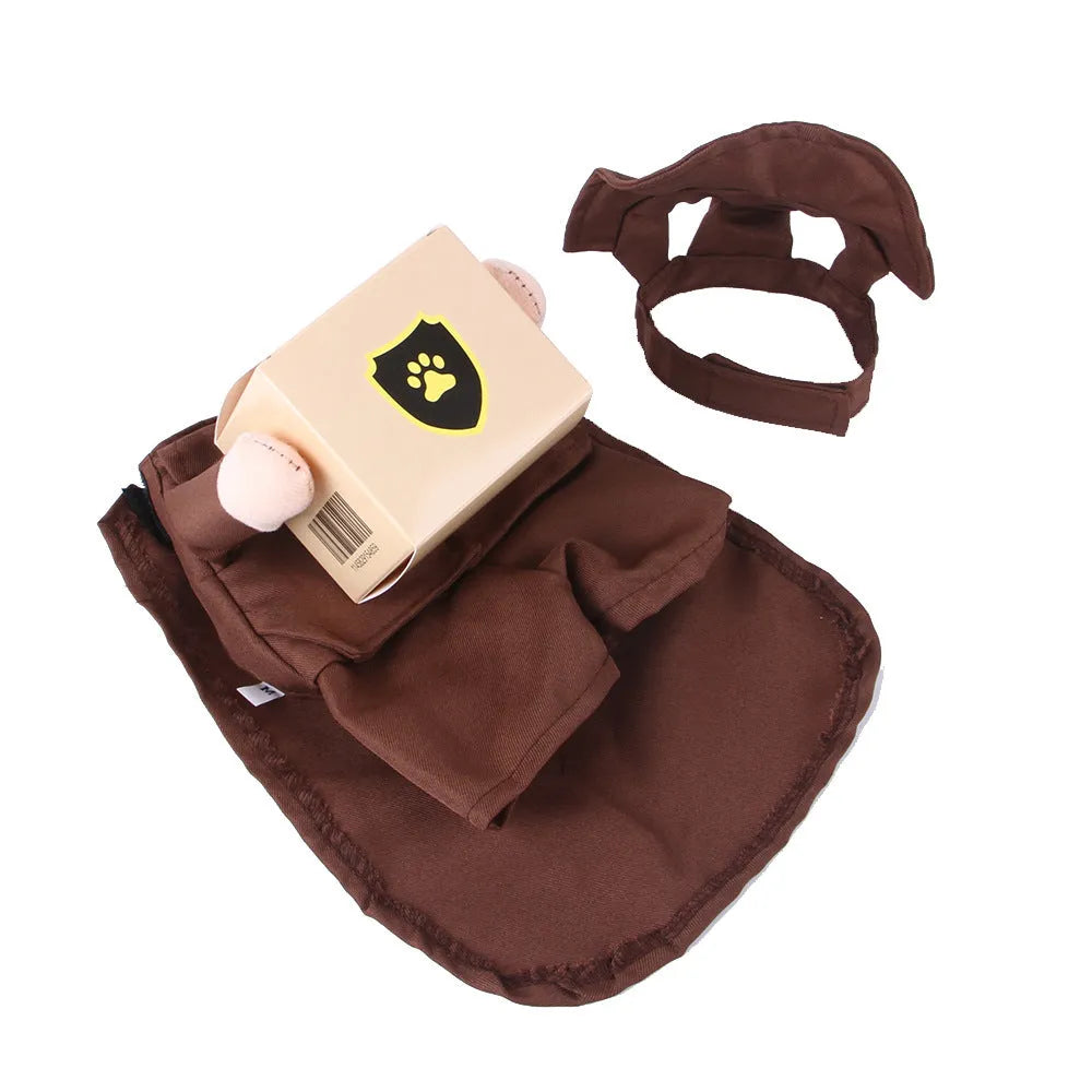 Coffee-coloured polyester courier costume for a dog standing up.