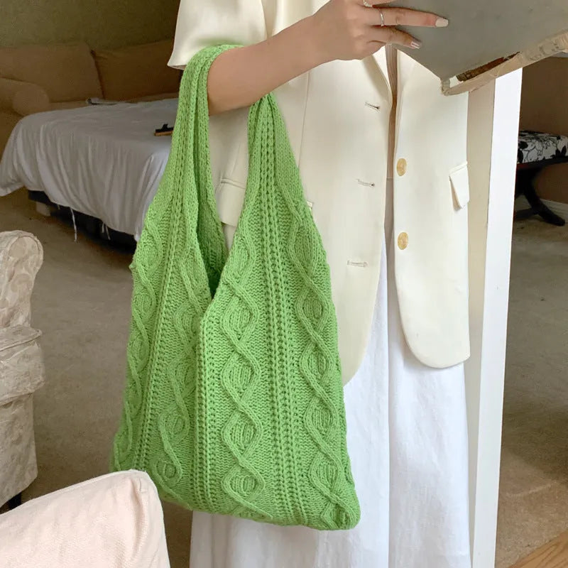 Retro hollow-knitted crochet shoulder tote bag in a solid colour with a double strap.
