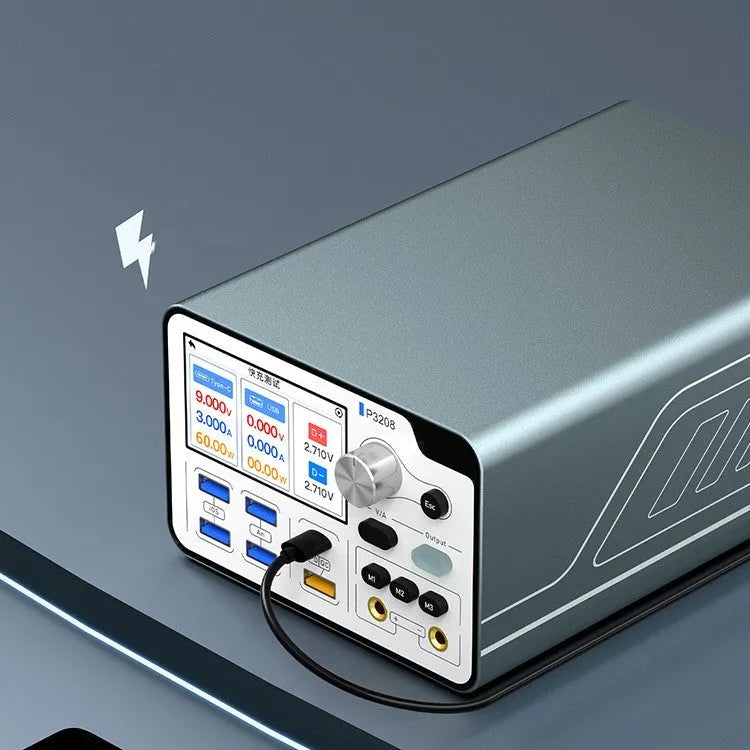 320W intelligent power meter with blue case and 3-inch display, showing voltage and current readings.