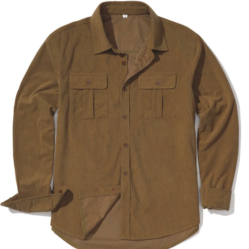 Men's loose-fit corduroy shirt in retro Japanese style with sanded velvet texture.