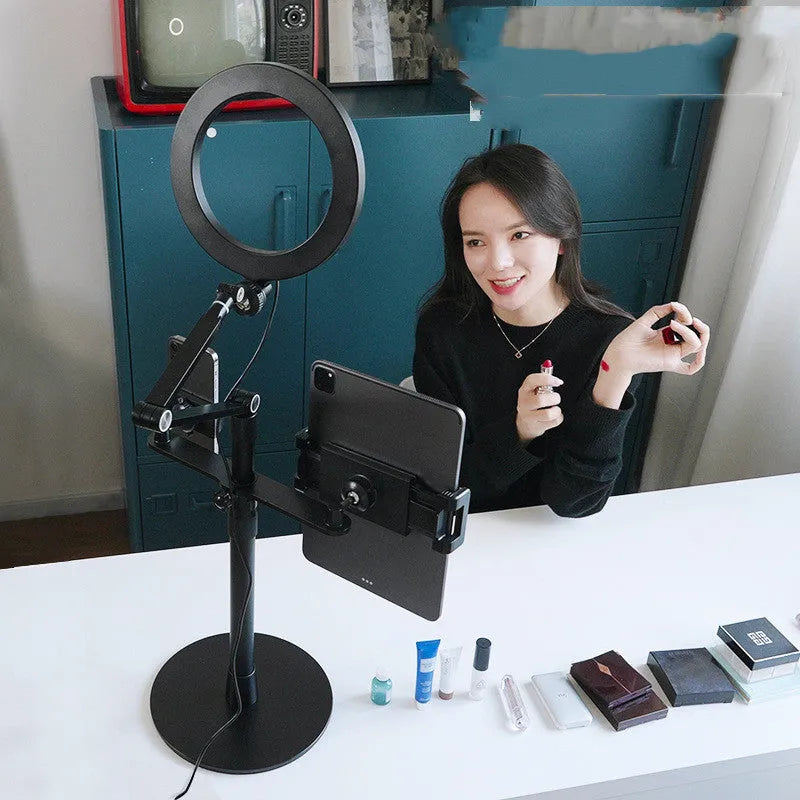 Black mobile phone tablet stand with fill light and rotation mechanism for floor placement