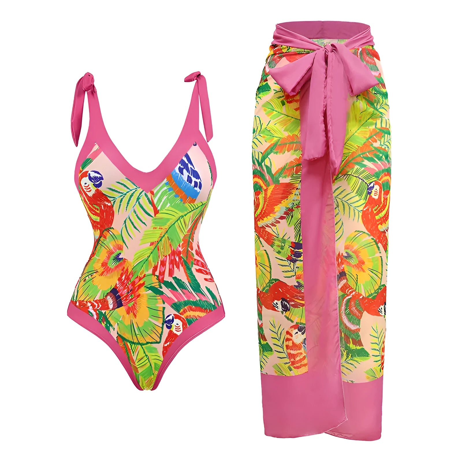 Solid colour women's one-piece swimsuit with thin spaghetti straps and a separate matching swim skirt.