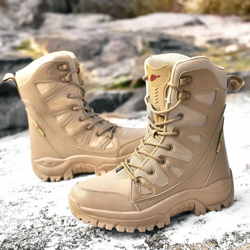 Beige cowhide leather hi-top hiking shoes on a rocky outdoor trail
