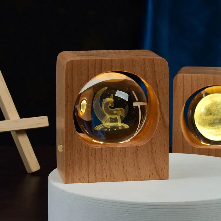 Beech crystal ball night light with 3D laser engraved pattern on wooden base