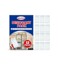 A pack of twelve white calcium chloride desiccant bags for absorbing moisture and preventing odours in wardrobes and cupboards.