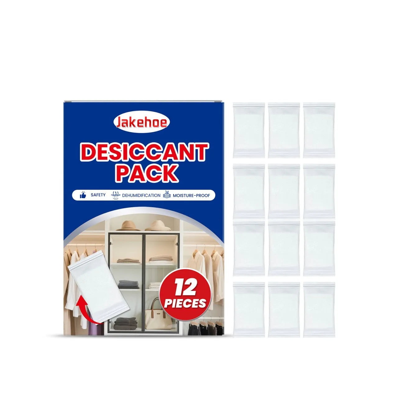 A pack of twelve white calcium chloride desiccant bags for absorbing moisture and preventing odours in wardrobes and cupboards.