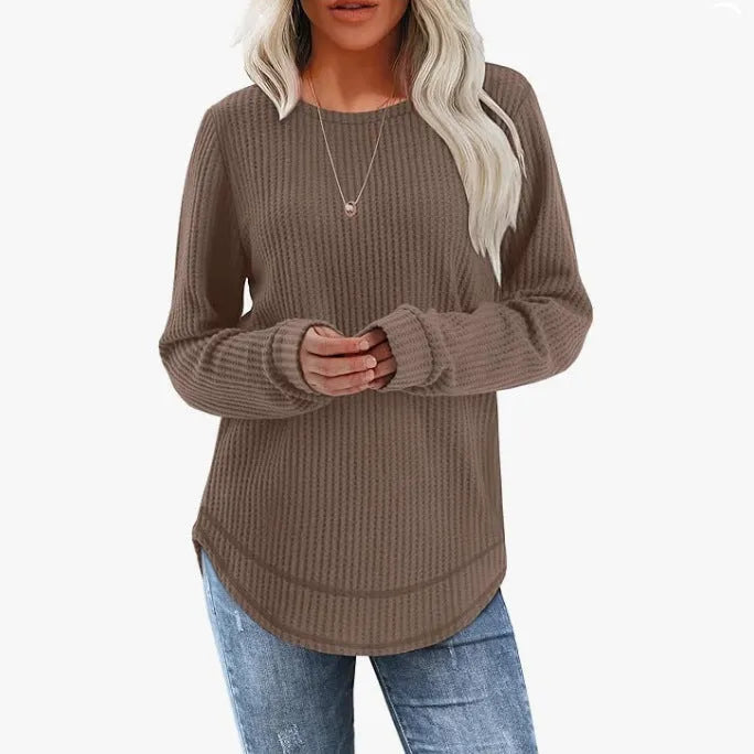 Waffle loose round neck high low curved hem pullover top in solid colour with plaid pattern
