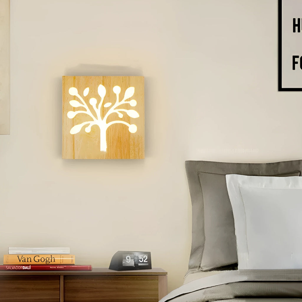 Solid wood wall lamp with Happiness Tree pattern, Japanese modern style, 220V LED, three colours
