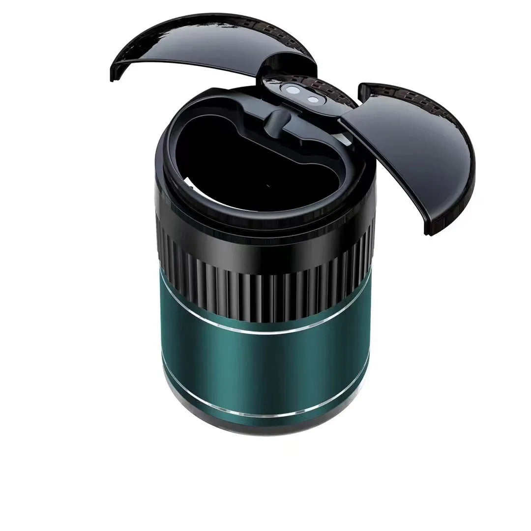 Smart infrared and touch control metal car ashtray with lid in black, measuring 113mm.